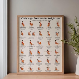Peut inclure: Une affiche encadr&eacute;e intitul&eacute;e "Chair Yoga Exercises for Weight Loss". L'affiche pr&eacute;sente des illustrations d'exercices de yoga sur chaise, avec des instructions et des dur&eacute;es. Les illustrations montrent une personne en tenue orange. Le cadre est de couleur marron clair.