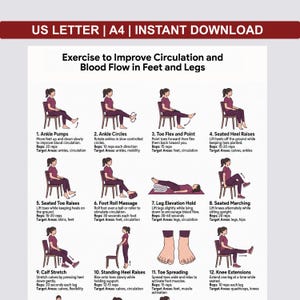 May include: A diagram with 12 exercises to improve circulation and blood flow in feet and legs. The exercises include ankle pumps, ankle circles, toe flex and point, seated heel raises, seated toe raises, foot roll massage, leg elevation hold, seated marching, calf stretch, standing heel raises, toe spreading, and knee extensions.