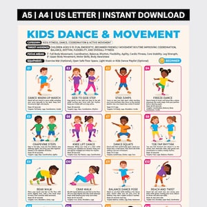 May include: A digital instructional poster titled KIDS DANCE & MOVEMENT featuring twelve illustrated panels of children performing various exercises. Each panel includes a title, step-by-step instructions, repetition counts, and target muscle groups.