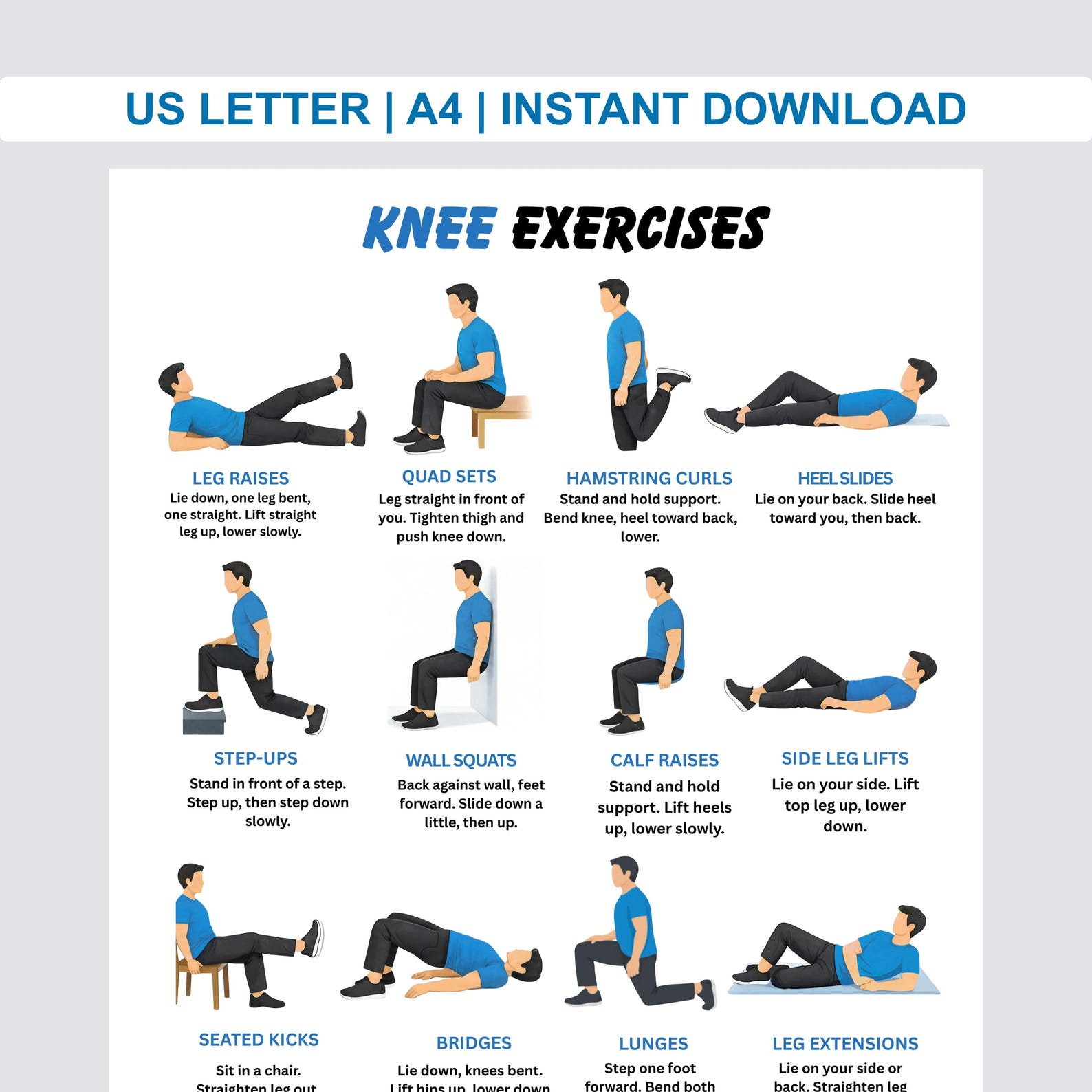 Knee Exercises Chart, Printable Exercise Charts, Senior Workout ...