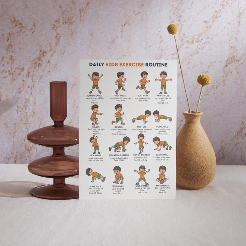 Kids Exercise Chart Printable – 16 Daily Workout Moves Poster | Kids ...