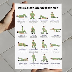 May include: A white poster titled "Pelvic Floor Exercises for Men" with illustrated exercise instructions. The exercises include pelvic tilts, kegel squeezes, bridge exercise, knee to chest, leg lifts, squats, lunges, bird dog, clamshells, seated marches, ball squeeze, plank, side leg raises, standing leg lifts, hip flexor stretch, and relaxation pose.