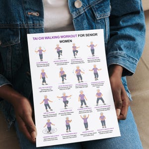 May include: A white printed sheet with a Tai Chi walking workout for senior women. The sheet features illustrations of various Tai Chi walking exercises with descriptive text. The sheet is held by a person wearing a denim jacket.