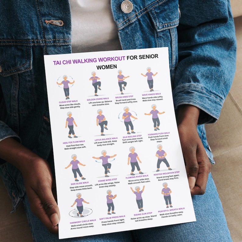 May include: A white printed sheet with a Tai Chi walking workout for senior women. The sheet features illustrations of various Tai Chi walking exercises with descriptive text. The sheet is held by a person wearing a denim jacket.