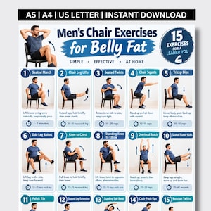 May include: A digital exercise chart titled Chair Exercises for Belly Fat featuring 15 illustrated movements with instructions. The layout includes text for A5, A4, and US Letter sizes, showing a person in a blue t-shirt performing various seated workouts.