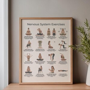 Puede incluir: Una impresi&oacute;n enmarcada titulada "Ejercicios del sistema nervioso" presenta ilustraciones de varias posturas de yoga y t&eacute;cnicas de respiraci&oacute;n. La impresi&oacute;n incluye texto que describe cada ejercicio, como "Respiraci&oacute;n abdominal profunda" y "Postura de descanso calmante".