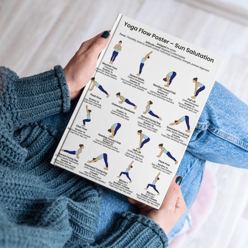 May include: A white yoga flow poster titled "Yoga Flow Poster - Sun Salutation" held by a person. The poster features illustrated yoga poses with text descriptions. The poster's focus is on flexibility, balance, breath control, and strength.