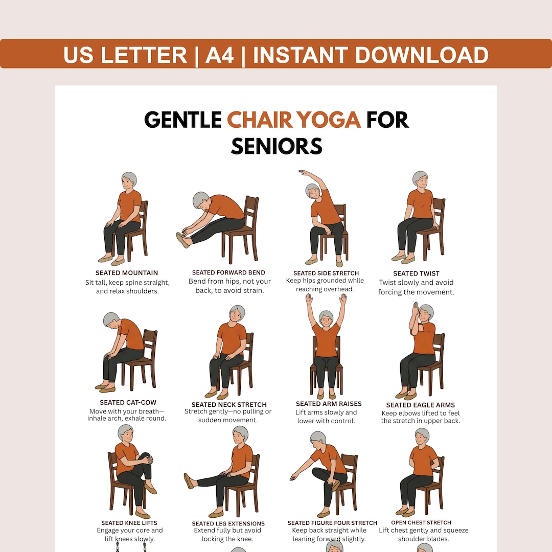 Seniors Chair Yoga – Seated Yoga Chart With 16 Gentle Poses for Older