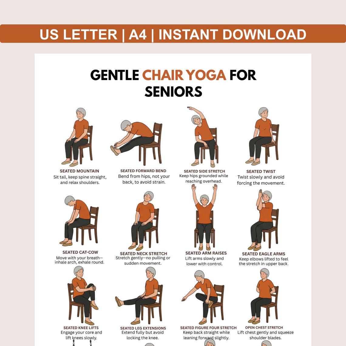 Seniors Chair Yoga – Seated Yoga Chart With 16 Gentle Poses for Older