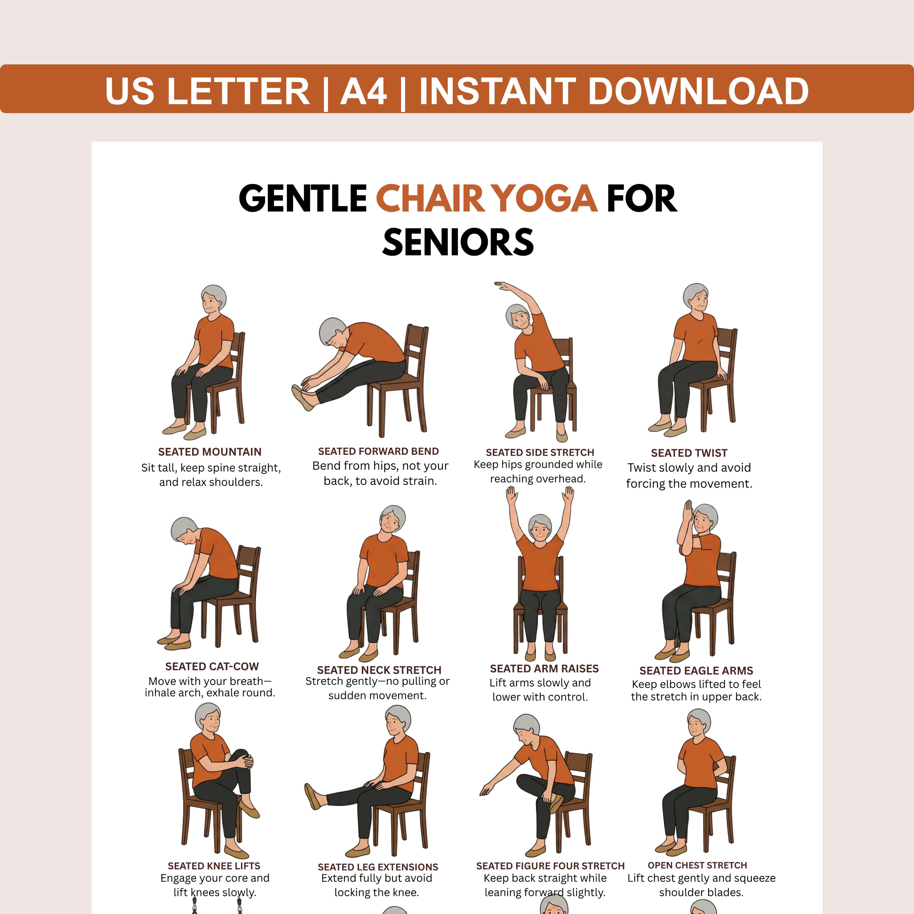 Seniors Chair Yoga – Seated Yoga Chart With 16 Gentle Poses for Older