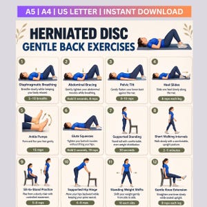 May include: A digital instructional chart titled Herniated Disc Gentle Back Exercises, featuring twelve numbered illustrations of a person in a blue shirt and dark leggings performing various physical therapy movements with text descriptions.