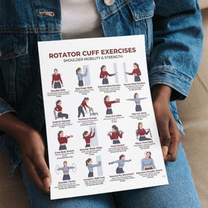 May include: A white printed sheet with maroon text reading "ROTATOR CUFF EXERCISES" and "SHOULDER MOBILITY & STRENGTH". The sheet illustrates various shoulder exercises, such as Shoulder Rolls, Wall Finger Walk, and Shoulder Circles, for mobility and strength.