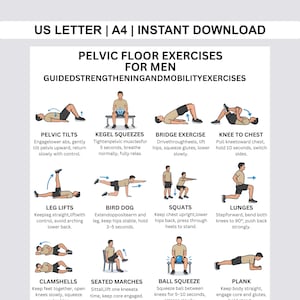 May include: A white infographic with the title "PELVIC FLOOR EXERCISES FOR MEN" and illustrations of various exercises. The exercises include pelvic tilts, kegel squeezes, bridge exercise, knee to chest, leg lifts, bird dog, squats, lunges, clamshells, seated marches, ball squeeze, and plank.