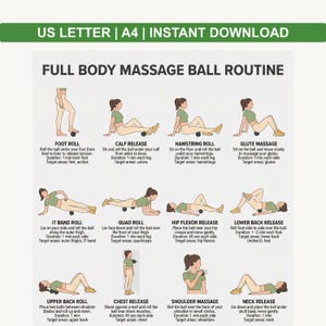 May include: A full-body massage ball routine guide. The guide includes illustrations and instructions for foot roll, calf release, hamstring roll, glute massage, IT band roll, quad roll, hip flexor release, lower back release, upper back roll, chest release, shoulder massage, and neck release.