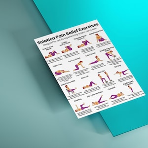 May include: A white poster titled "Sciatica Pain Relief Exercises" with illustrations of various stretches. The poster is designed for adults experiencing sciatic nerve pain and includes exercises like Knee-to-Chest and Cobra Stretch.
