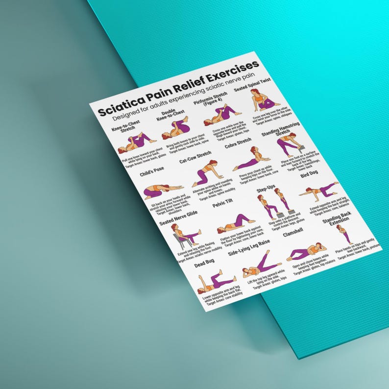 May include: A white poster titled "Sciatica Pain Relief Exercises" with illustrations of various stretches. The poster is designed for adults experiencing sciatic nerve pain and includes exercises like Knee-to-Chest and Cobra Stretch.