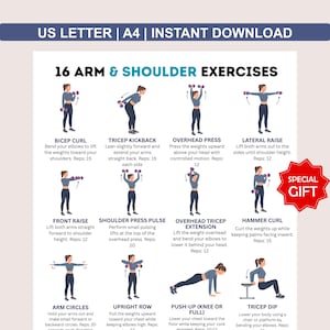 May include: A fitness guide detailing 16 arm and shoulder exercises, such as bicep curls and tricep kickbacks. Each exercise is illustrated with accompanying text instructions and repetition counts. Includes a "Special Gift" badge. Measurements are in cm.
