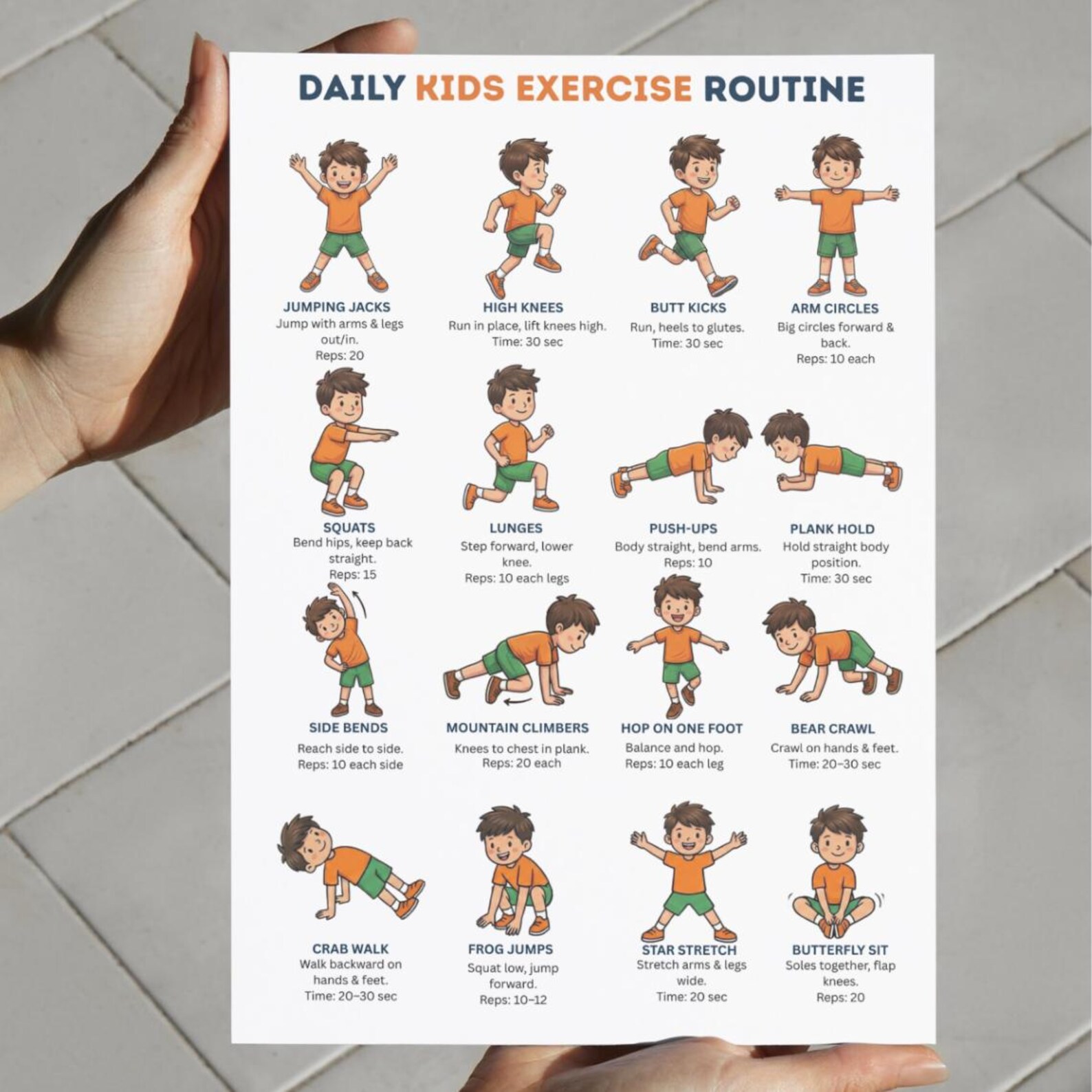 Kids Exercise Chart Printable – 16 Daily Workout Moves Poster | Kids ...