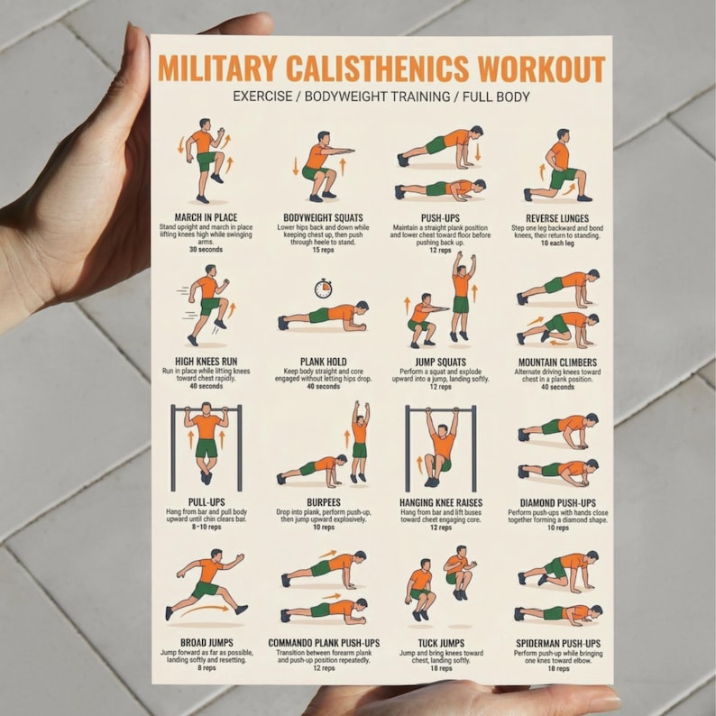Military Calisthenics Workout Plan, Bodyweight Strength Training Exercises, PDF Download Chart ...