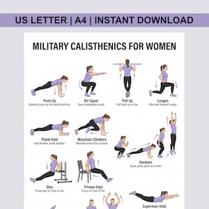 Może przedstawiać: Drukowany przewodnik treningowy zatytułowany "MILITARY CALISTHENICS FOR WOMEN" z ilustracjami różnych ćwiczeń. Ćwiczenia obejmują pompki, przysiady, podciąganie, wykroki, plank hold, wspinaczkę górską, burpees, dipsy, triceps dips i superman hold.