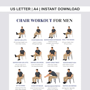 Rutina de ejercicios en silla para hombres, PDF de ejercicios en silla, descarga digital, tabla de ejercicios en silla, ejercicios imprimibles, plan de entrenamiento en casa, plan de entrenamiento en PDF