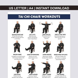 May include: A white and blue printable with Tai Chi chair workout instructions. The instructions include Seated Posture, Leg Lifts, Arm Circles, Heel & Toe Taps, Brush Knee, Knee Extensions, Hand Waves, Marching in Place, Leg Kicks, Arm Pushes, Body Turns, and Toe Raises.