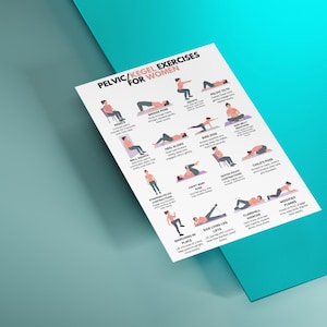 May include: A white poster with illustrations of pelvic floor exercises for women, including Kegel exercises, bridge pose, and heel slides. The poster is angled on a teal surface.