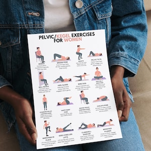 May include: A white paper with illustrations and text detailing pelvic/Kegel exercises for women. The exercises include Kegels, squats, and modified planks. The paper is held by a person wearing a denim jacket.