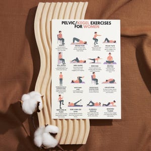 May include: A poster titled "Pelvic/Kegel Exercises for Women" displays illustrations of various exercises. The poster includes instructions for exercises such as bridge pose, squats, and pelvic tilts. The background is a neutral brown with a wooden decorative element and cotton flowers.