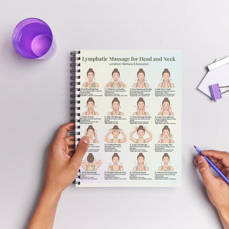 May include: A spiral-bound notebook with instructions for lymphatic massage for the head and neck. The notebook is open, displaying illustrated steps with text. A purple cup and a pen are also visible.