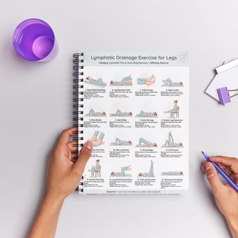 May include: A spiral-bound notebook with the title "Lymphatic Drainage Exercise for Legs" and illustrations of various exercises. The notebook is open, displaying diagrams of exercises. A purple cup and a pen are also visible.