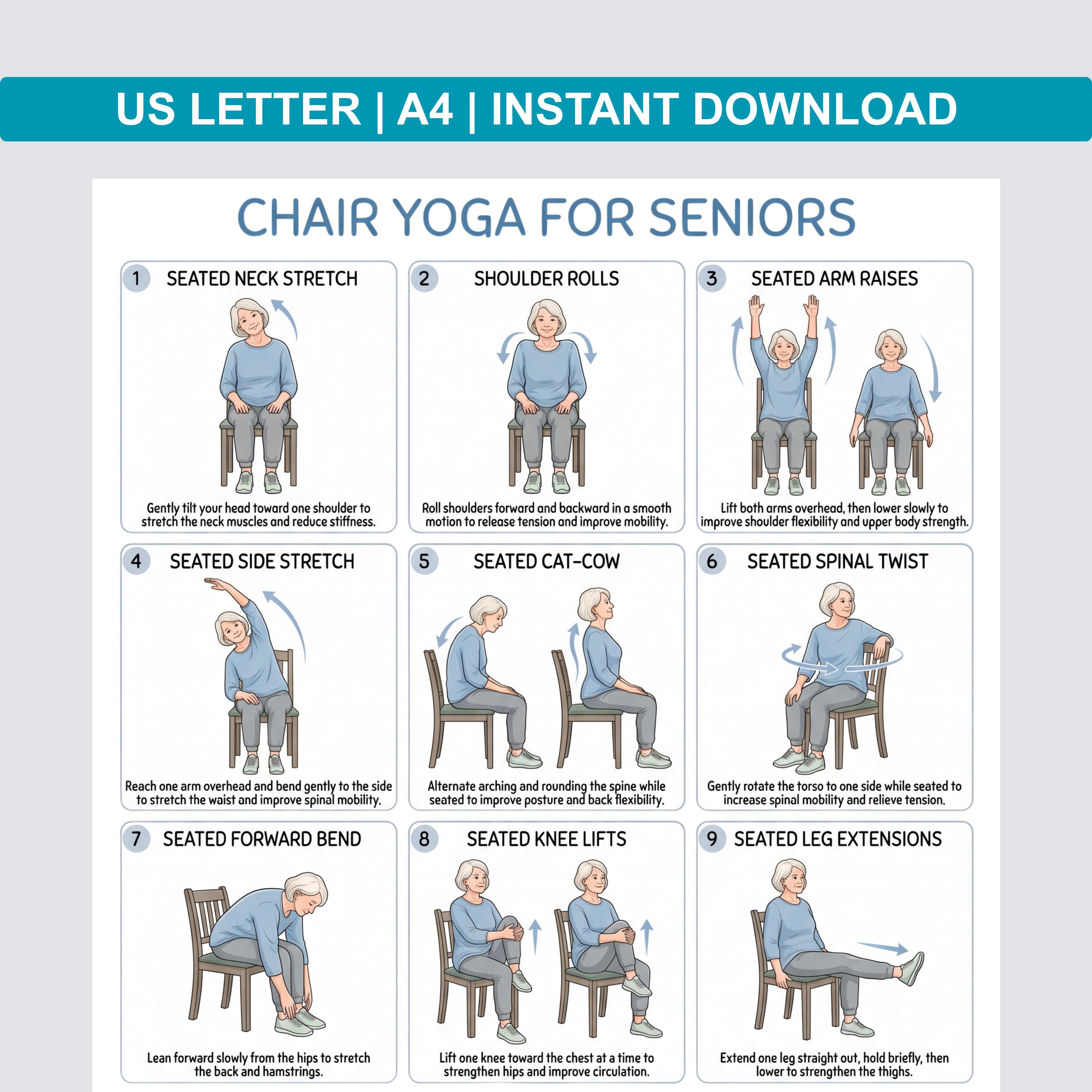 Chair Yoga for Seniors – Printable Seated Yoga Chart With 16 Gentle