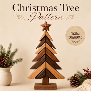 May include: A wooden Christmas tree decoration featuring alternating light and dark wood slats, topped with a star. The text reads Christmas Tree Pattern and DIGITAL DOWNLOAD. The design is composed of stacked triangular segments on a rectangular base.