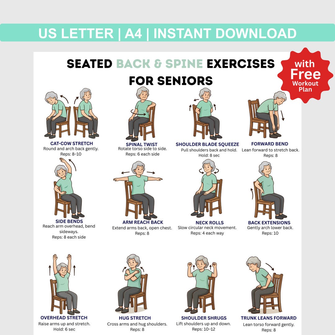 Printable Seated Back & Spine Exercises for Seniors Chart | Chair ...