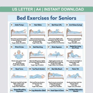 May include: A printable guide titled "Bed Exercises for Seniors" with 16 illustrated exercises. Each exercise includes a diagram, instructions, and target muscle groups. The guide is designed for home use and is available as an instant download.
