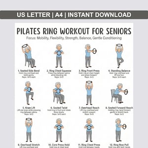 Pilatesringträning för seniorer, utskrivbar sittande pilatesringövningar i PDF-format, övningar hemma i pilates för äldre vuxna