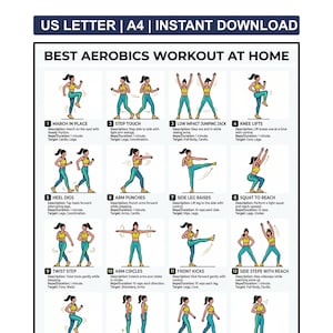 Puede incluir: Un gráfico de entrenamiento ilustrado, "Best Aerobics Workout at Home", con 12 ejercicios con descripciones, repeticiones y grupos musculares objetivo. El gráfico está disponible para descarga instantánea.