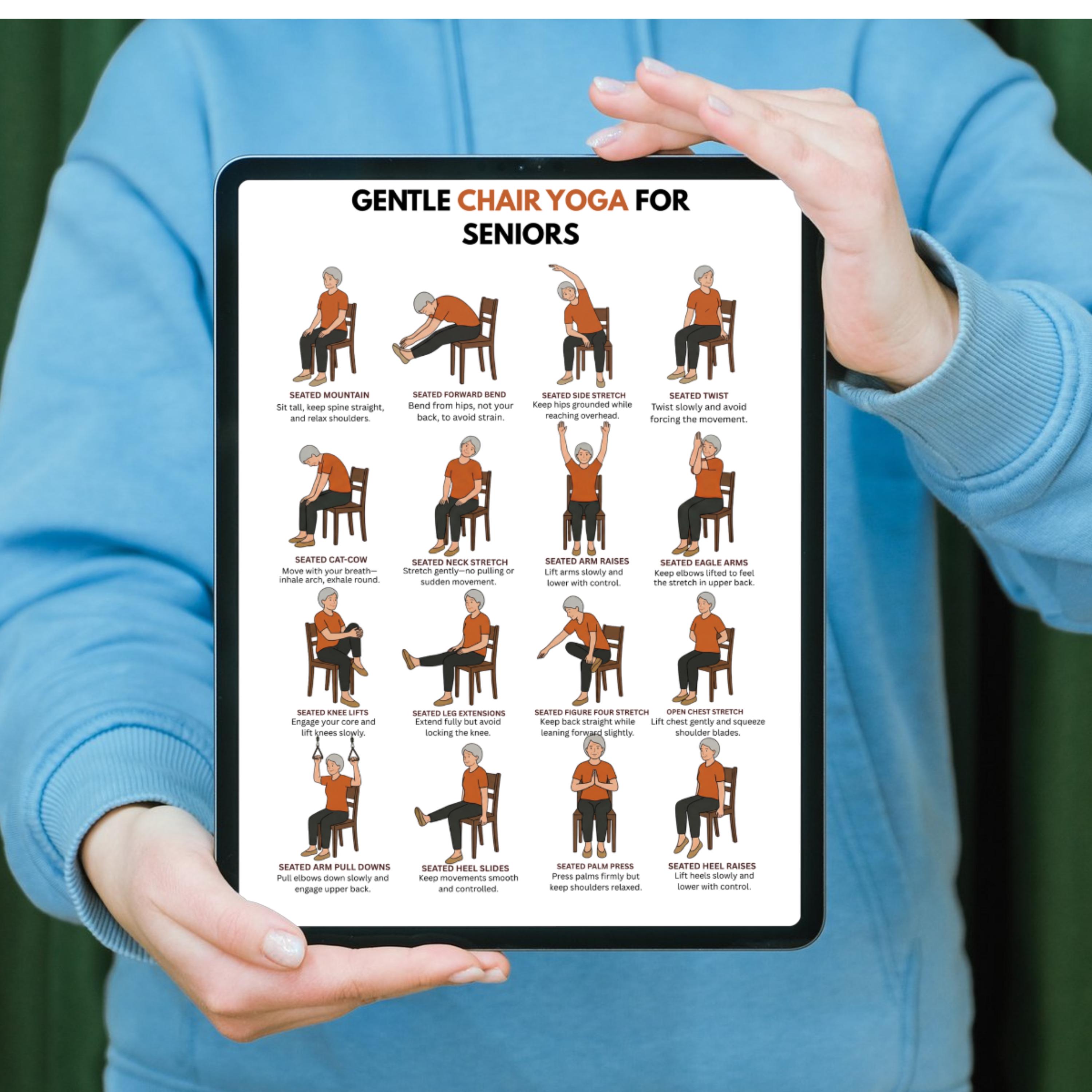 Seniors Chair Yoga – Seated Yoga Chart With 16 Gentle Poses for Older