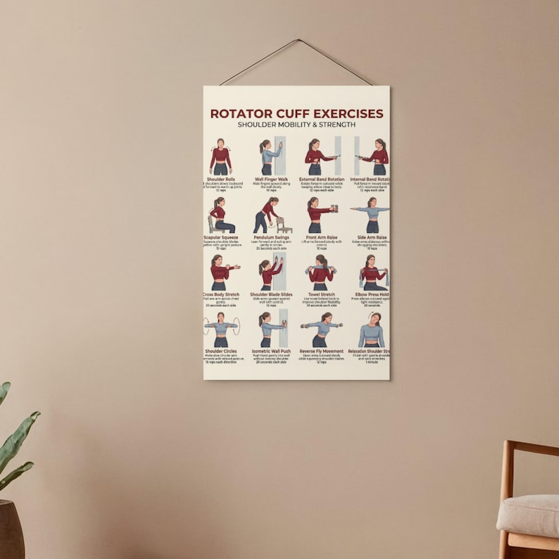 May include: A poster titled "Rotator Cuff Exercises Shoulder Mobility & Strength" hangs on a wall. The poster features illustrations demonstrating various exercises, including shoulder rolls, wall finger walk, and towel stretch. The exercises are displayed with accompanying text.