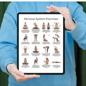 Puede incluir: Una tableta que muestra "Ejercicios del sistema nervioso" con ilustraciones de yoga. Los ejercicios incluyen respiraci&oacute;n abdominal, estiramiento de cuello y rotaci&oacute;n de hombros. La tableta la sostiene una persona con una sudadera con capucha azul.