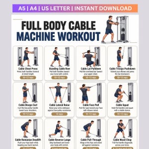 May include: A digital workout chart titled Full Body Cable Machine Workout featuring twelve illustrated exercises with instructions and rep counts. The layout includes A5, A4, and US Letter size options for an instant download.