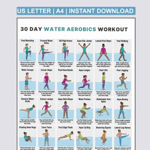May include: A workout chart for 30-day water aerobics. The chart features illustrated exercises like pool marching, kicks, and knee bends. The text at the top reads "US LETTER | A4 | INSTANT DOWNLOAD" and "30 DAY WATER AEROBICS WORKOUT".