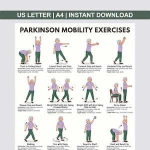 Könnte beinhalten: Eine druckbare Tabelle mit Parkinson-Mobilitätsübungen. Die Tabelle zeigt illustrierte Übungen mit Anweisungen, darunter Floor to Ceiling Reach, Lateral Reach and Step und Forward Step and Reach. Die Übungen sollen Gleichgewicht, Koordination und Mobilität verbessern.
