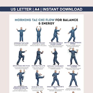Rutina matutina de Tai Chi imprimible para personas mayores, diagrama de flujo diario de Tai Chi, ejercicios de entrenamiento de equilibrio, póster con plan de entrenamiento en PDF