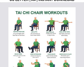 Printable Tai Chi Chair Workouts, Workout Plan PDF, Digital Download, Tai Chi Exercise Chart, Tai Chi Chair yoga Exercise Chart PDF