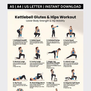 Tabela de exercícios com kettlebell para glúteos e quadris, exercícios para a parte inferior do corpo com kettlebell para glúteos maiores, quadris rígidos, saúde pélvica, decoração de parede para academia em casa.
