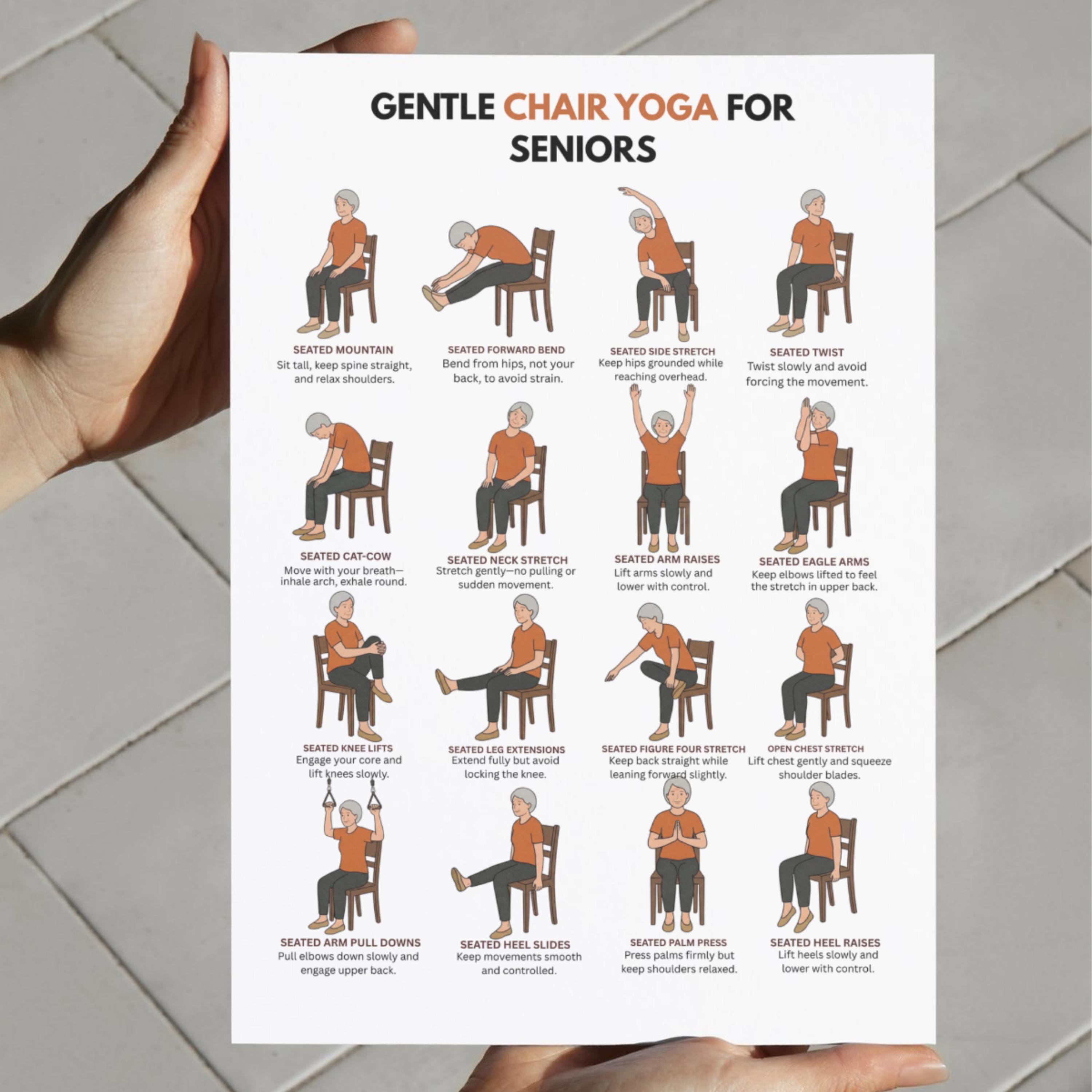 Seniors Chair Yoga – Seated Yoga Chart With 16 Gentle Poses for Older