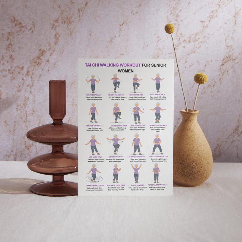 May include: A print titled "Tai Chi Walking Workout for Senior Women" displays illustrated exercise steps. A brown glass candle holder and a tan vase with dried flowers are in the foreground. The background is a textured, neutral-toned wall.