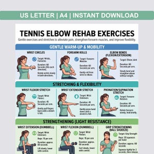 Puede incluir: Guía ilustrada de ejercicios de rehabilitación para el codo de tenista. La infografía detalla ejercicios suaves de calentamiento, estiramiento y fortalecimiento. Cada ejercicio va acompañado de una demostración visual e instrucciones.