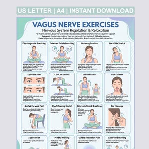 Vagus Nerve Exercises Printable PDF | Nervous System Reset & Somatic Exercise Chart | Anxiety Relief Breathing Relaxation Routine Poster